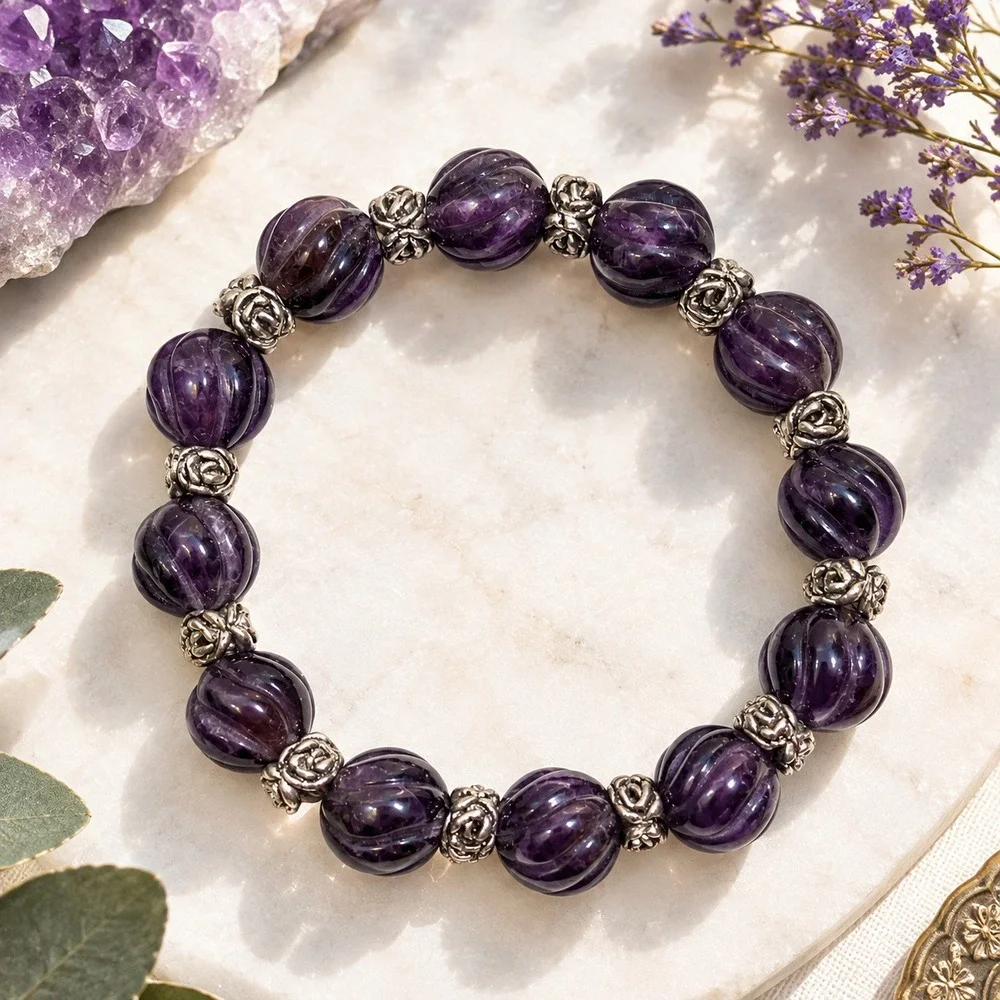 Carved Purple Melon Bead Stretch Bracelet Silver Tone Rose Floral Gemstone Boho